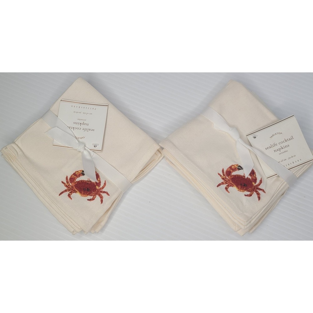 Pottery Barn Sealife Cocktail Napkins Set of 12 Red Crab Embroidered Ivory RARE
